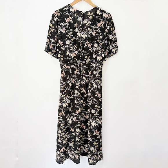 Ba&sh Floe Floral Midi Peasant Dress V Neck Short Sleeve Pleated - Picture 8 of 12